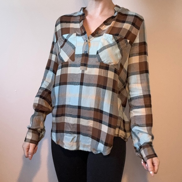 Brown and Turquoise Plaid Top - Picture 1 of 8